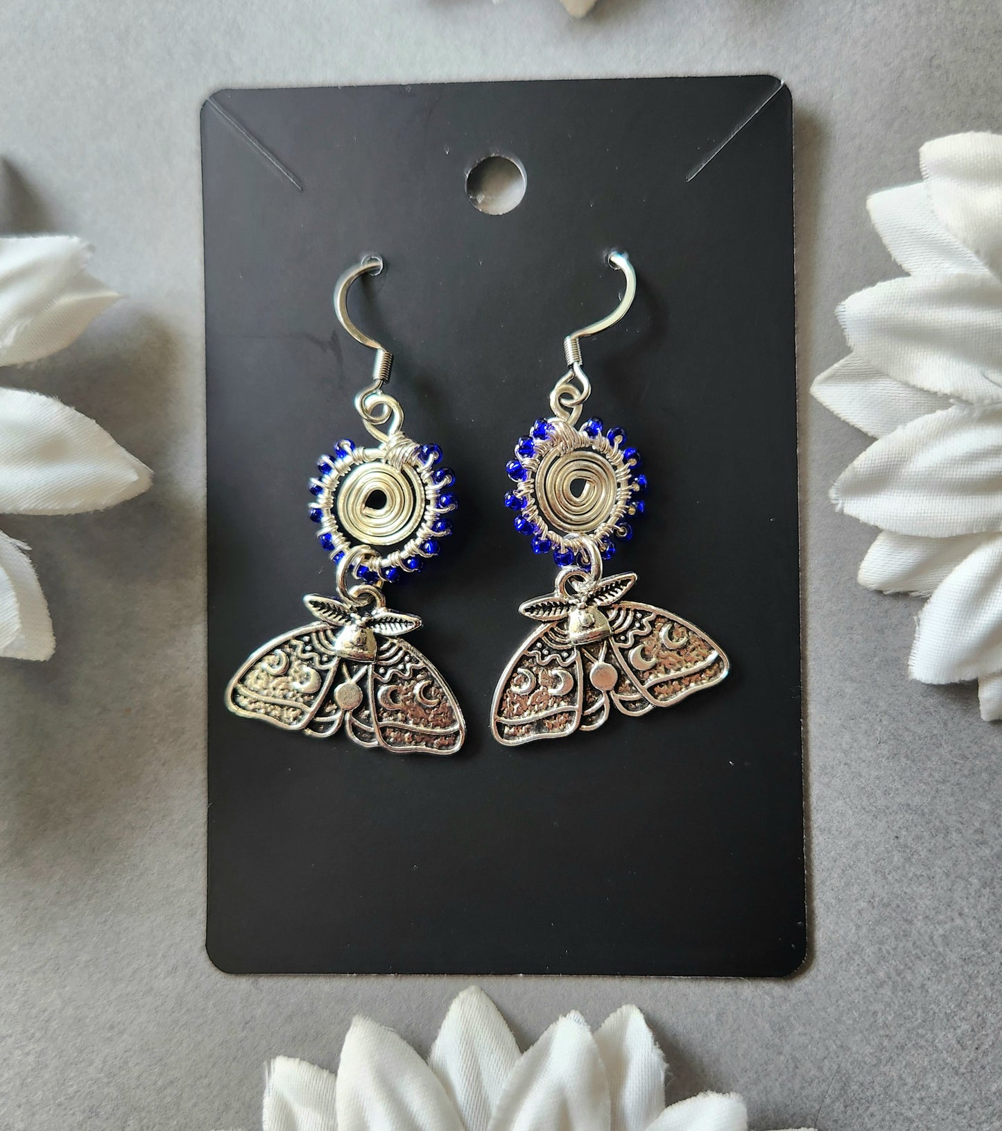 Silver Spiral Deep Blue Beaded Wire Wrapped Earrings with Moon Phase Moth Charms