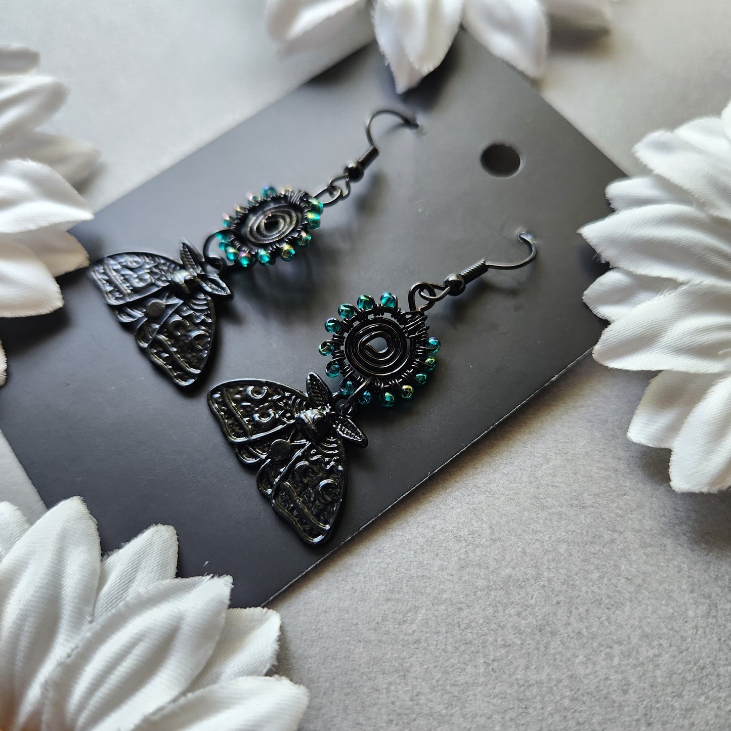 Black Plaited Spiral Teal Blue Beaded Wire Wrapped Earrings with Moon Phase Moth Charms