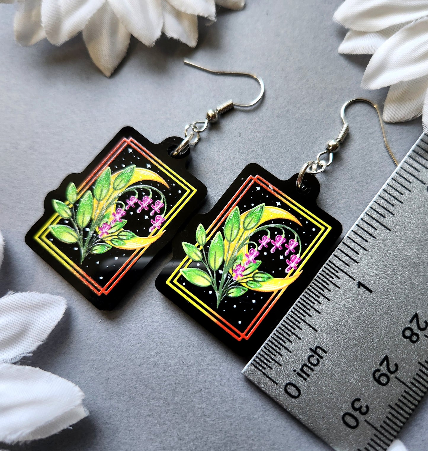 Bleeding Heart Flower and Moon 1.5-inch Acrylic Earrings