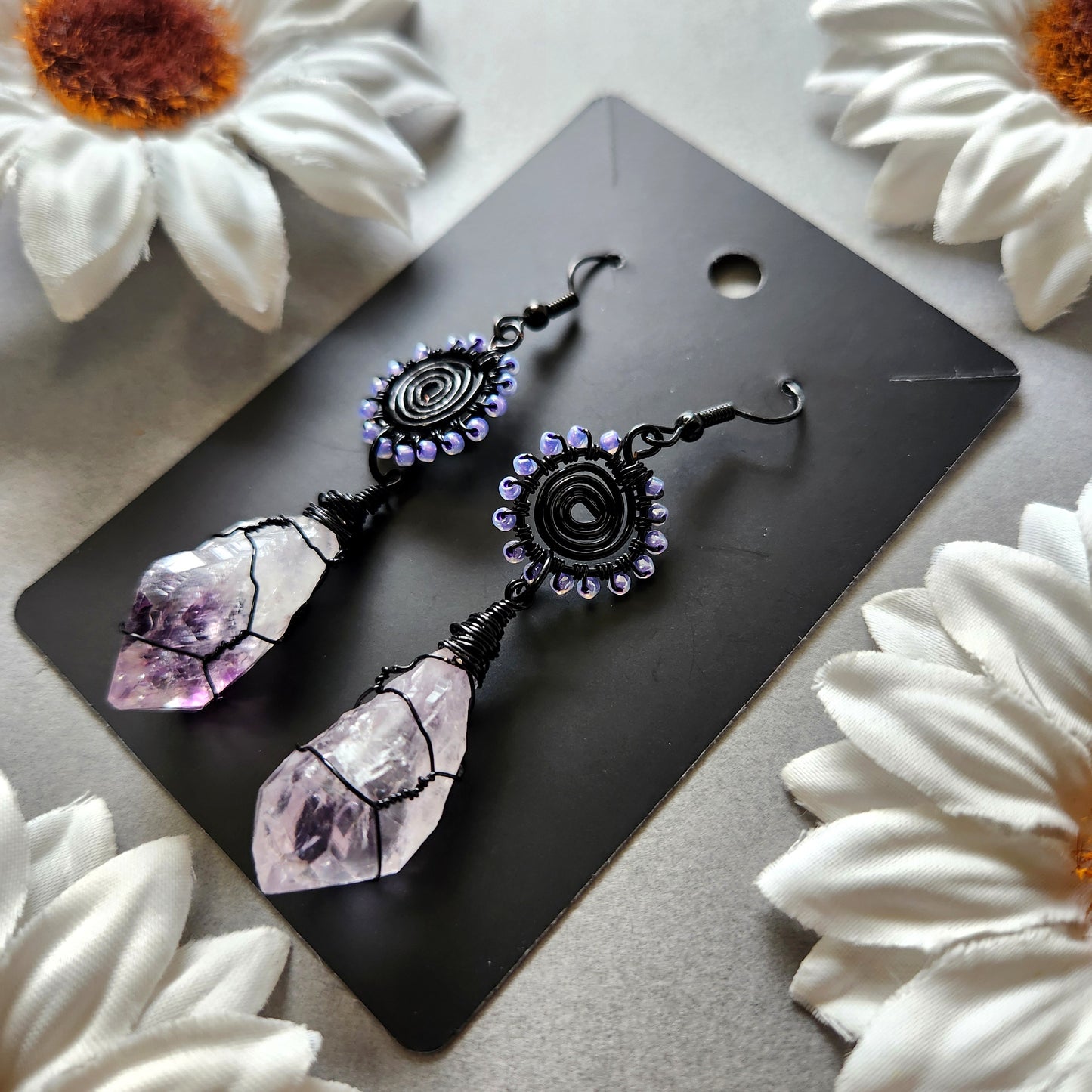 Black Plaited Spiral Wire Wrapped Earrings With Amethyst