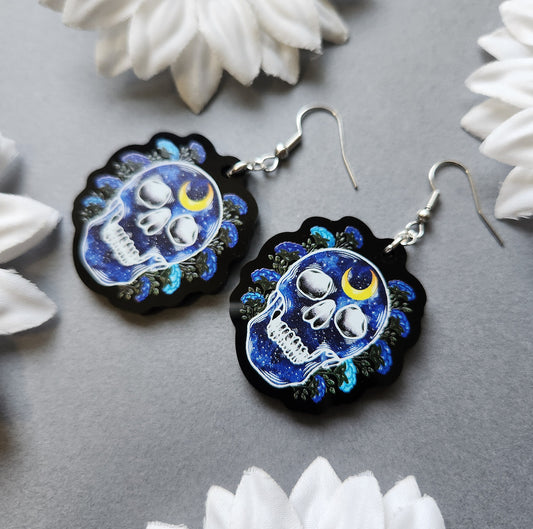 Blue Galaxy Human Skull 1.5-inch Acrylic Earrings