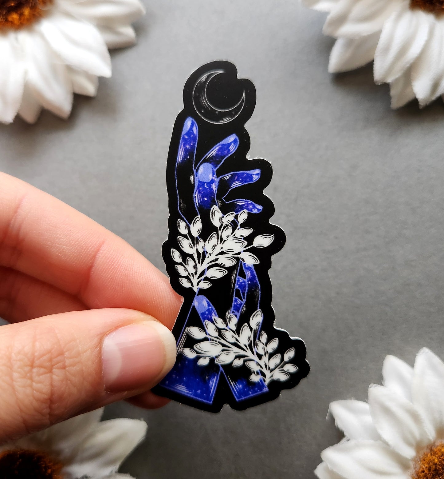 Blue Hands With a Half Moon 1.4x3-inch Sticker