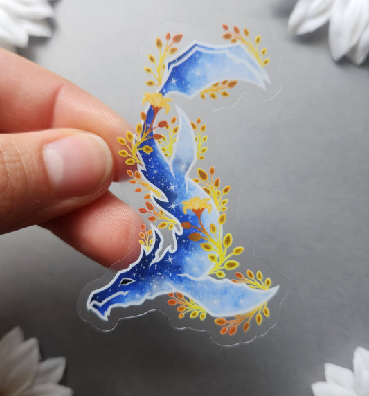 Blue and Gold Flower Galaxy Dragon 2.1×3-Inch Clear Vinyl Matte Sticker