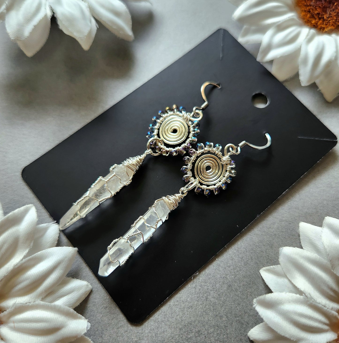 Silver Spiral Wire Wrapped Earrings With Lemurian Quartz