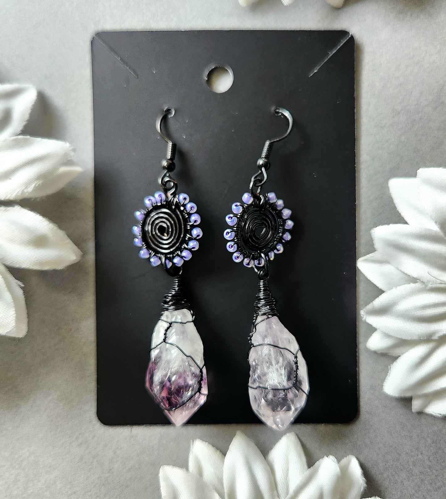 Black Plaited Spiral Wire Wrapped Earrings With Amethyst