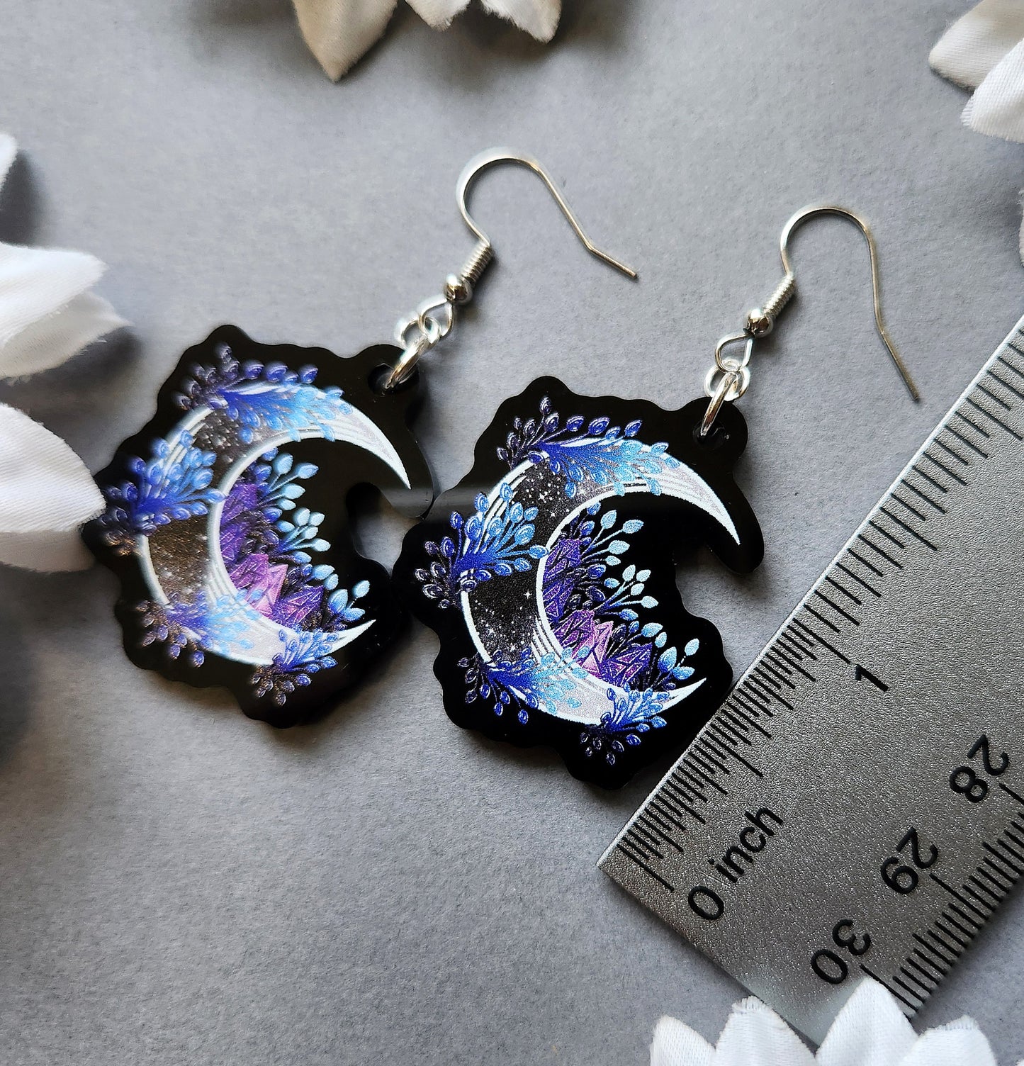 Blue and Purple Crystal Moon 1.5-inch Acrylic Earrings