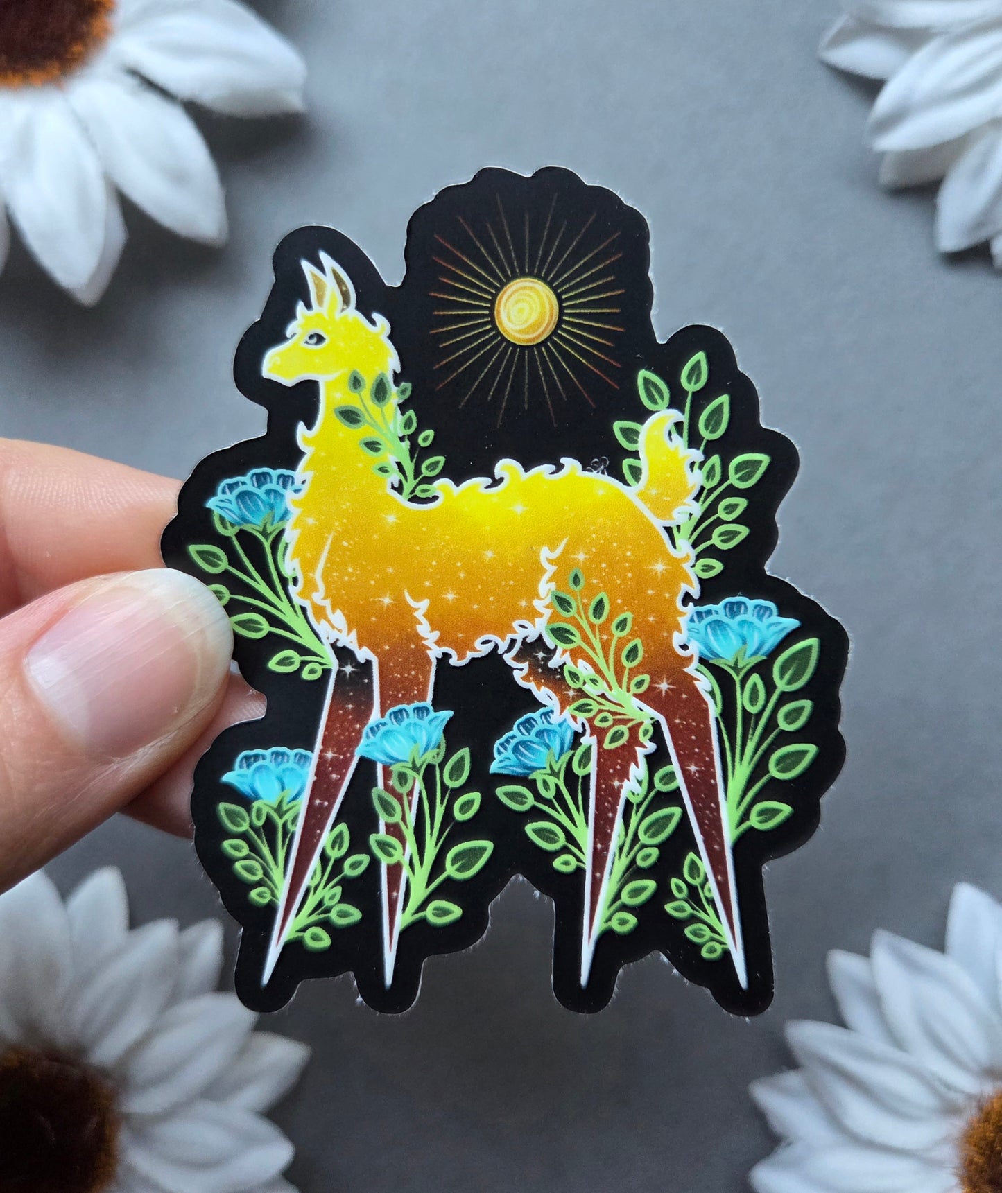 Gold Llama with Teal Flowers 2.44x3-inch Matte Sticker