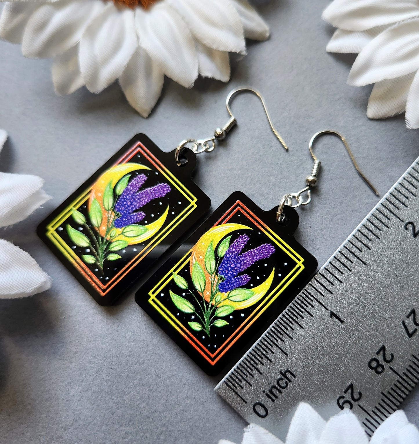 Lavender Flower and Moon 1.5-inch Acrylic Earrings