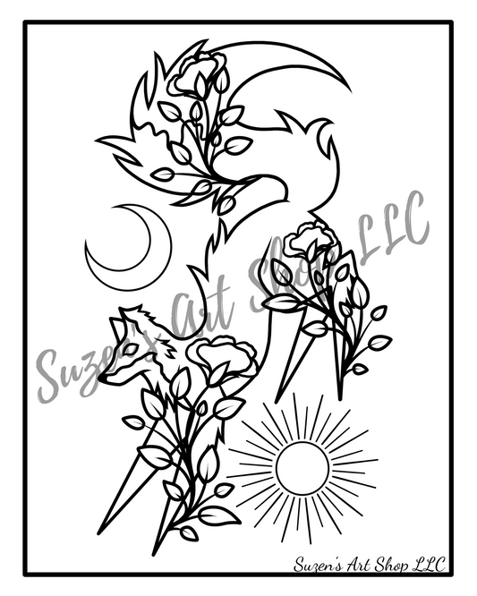 Sun and Moon Jumping Fox 8×10-inch Digital Download Coloring Page