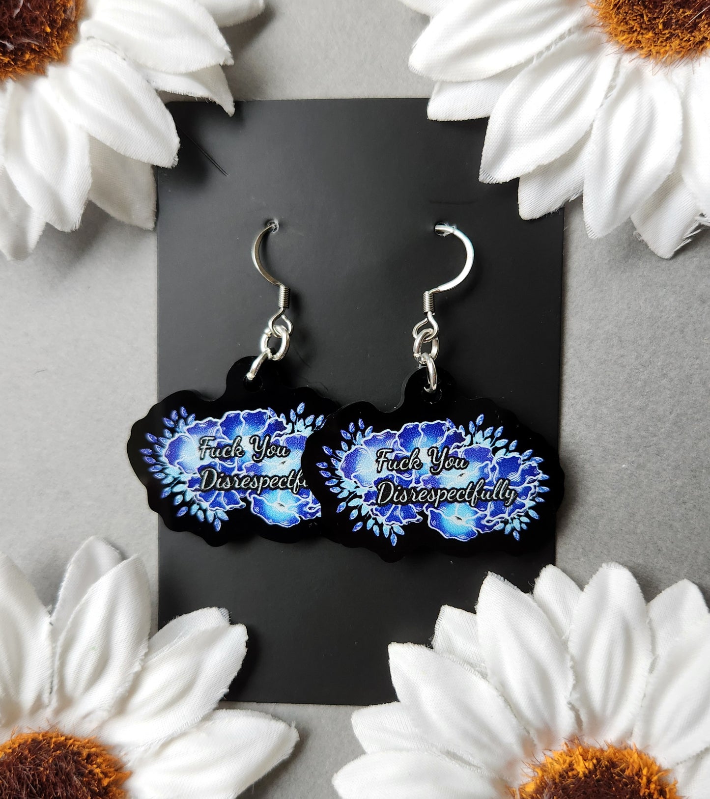 Blue Flower Fuck You Disrespectfully 1.5-inch Acrylic Earrings