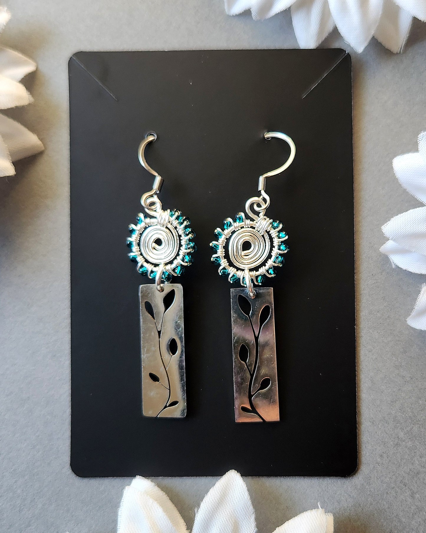 Silver Spiral Blue Green Beaded Wire Wrapped Earrings with Leaf Vine Charms