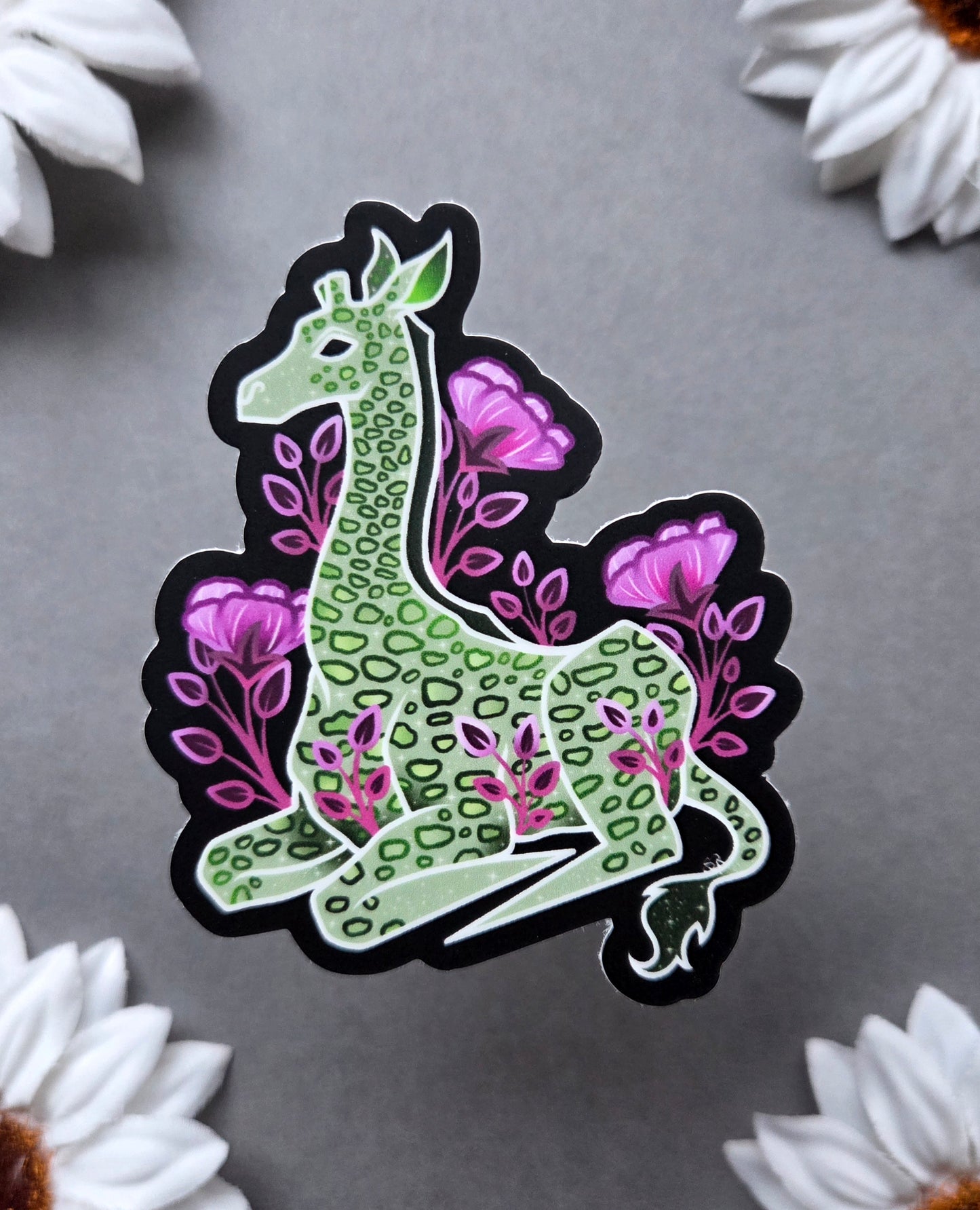 Green Giraffe with Flowers 2.45x3-inch Matte Sticker
