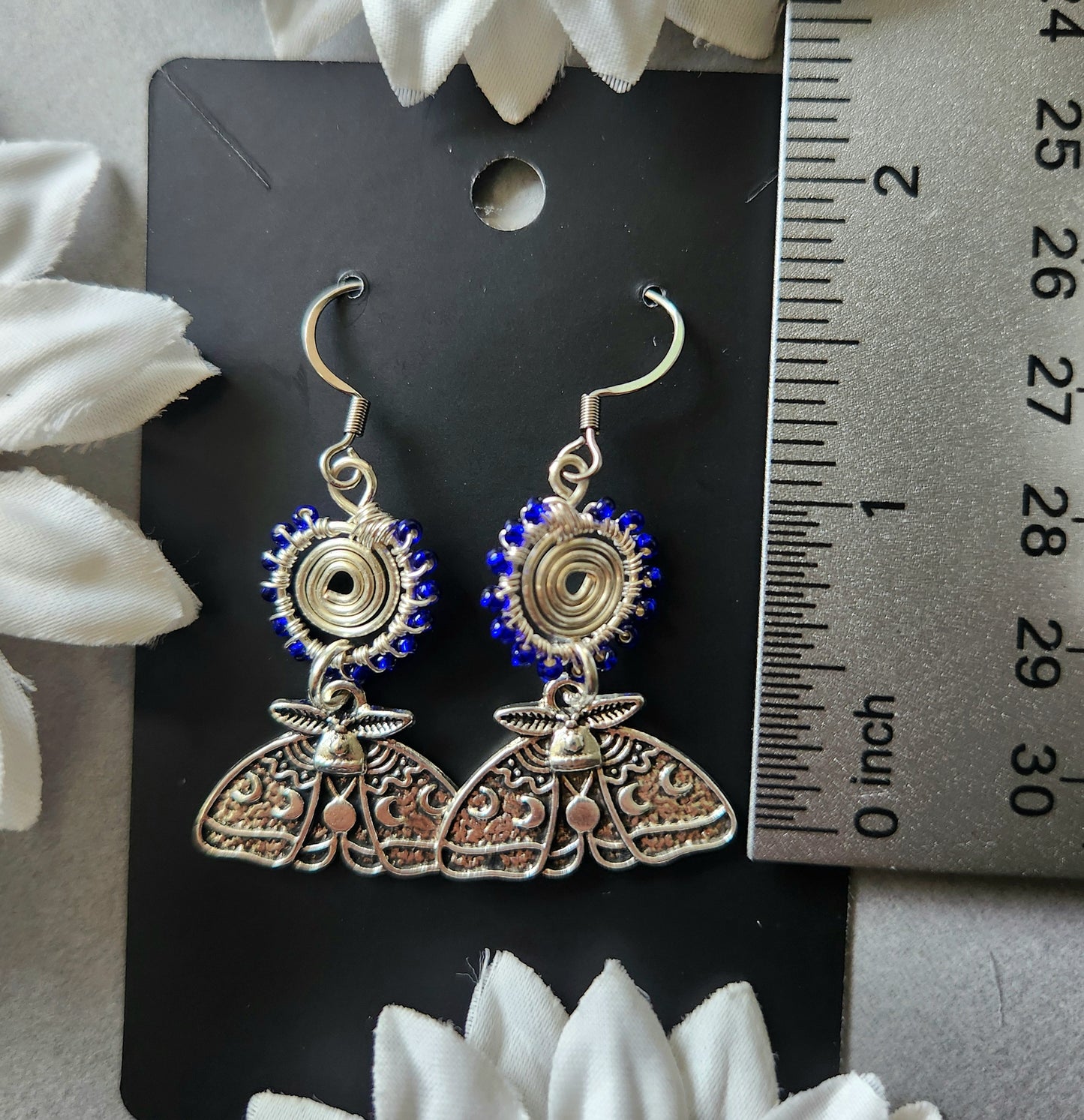 Silver Spiral Deep Blue Beaded Wire Wrapped Earrings with Moon Phase Moth Charms