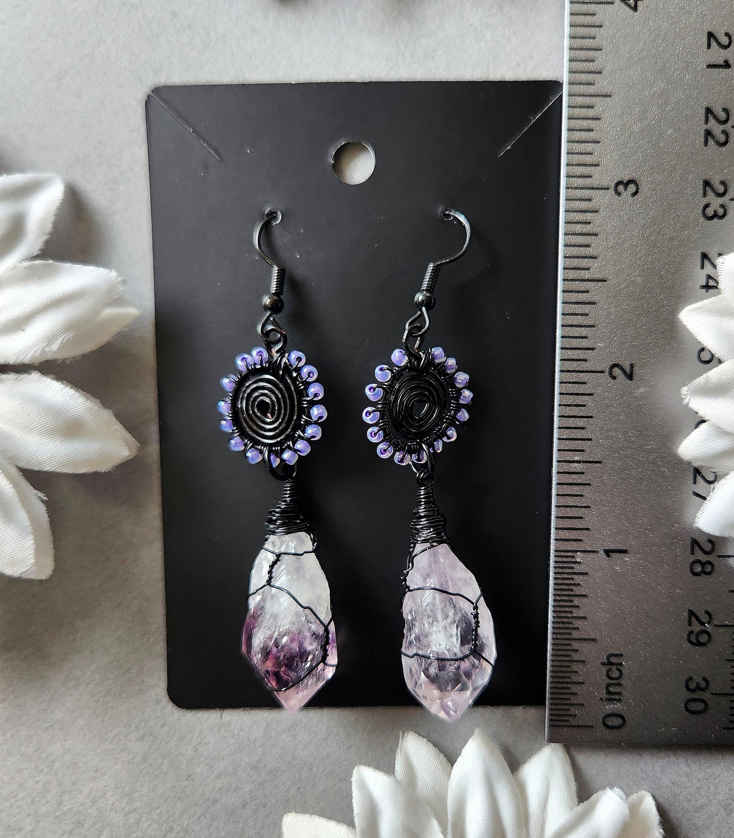 Black Plaited Spiral Wire Wrapped Earrings With Amethyst