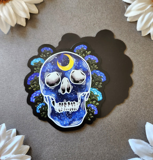 Magnet: Blue Galaxy Human Skull with Flowers Matte 2.9×3-inch Magnet