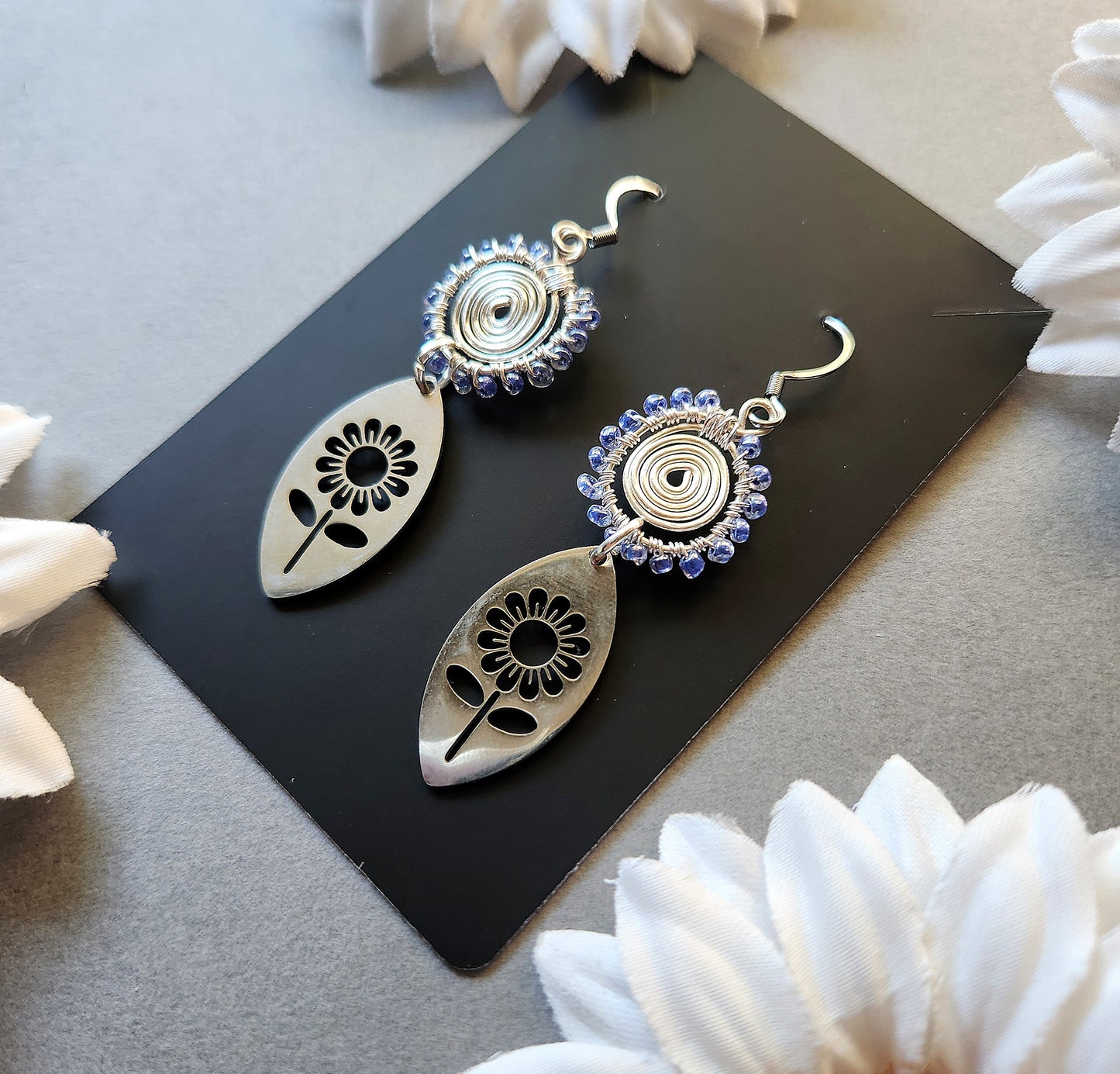 Silver Spiral Lilac Beaded Wire Wrapped Earrings with Sunflower  Charms