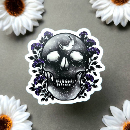 Galaxy Human Skull with Flowers Matte 3x2.9-inch Sticker